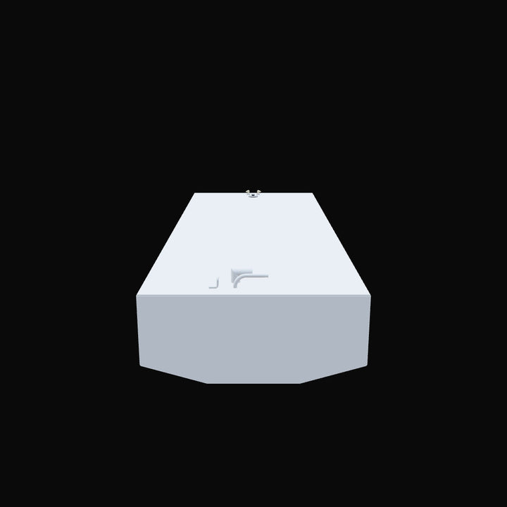 Simplified 3D model of a 200-gallon belly fuel tank engineered for the Ocean Master 33. The black-background rendering showcases a rectangular design with a tapered front edge and dual top-mounted hardware ports at the rear. Clean contours and visible geometry highlight space allocation, hull alignment, and routing considerations. This visual reference supports conceptual layout planning and OEM cavity integration