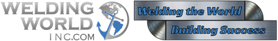 A logo for Welding World Inc., featuring the text "Welding World Inc." in large gray letters, with a globe and anchor icon to the right. The icon shows a globe with a wrench and a blue arrow wrapping around it. To the right, there are two metallic, circular designs with blue and gray text that reads "Welding the World" and "Building Success." The background is transparent with a checkered pattern