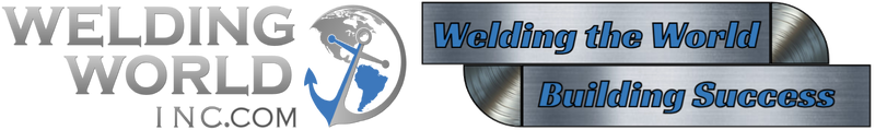 A logo for Welding World Inc., featuring the text "Welding World Inc." in large gray letters, with a globe and anchor icon to the right. The icon shows a globe with a wrench and a blue arrow wrapping around it. To the right, there are two metallic, circular designs with blue and gray text that reads "Welding the World" and "Building Success." The background is transparent with a checkered pattern