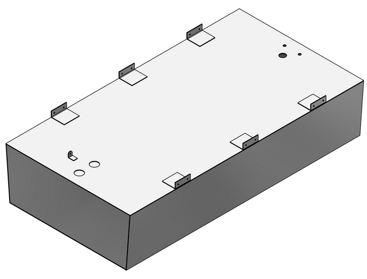Illustration of the Angler 230 VBX OEM replacement belly fuel tank, featuring a rectangular design with multiple mounting brackets and openings for fuel lines