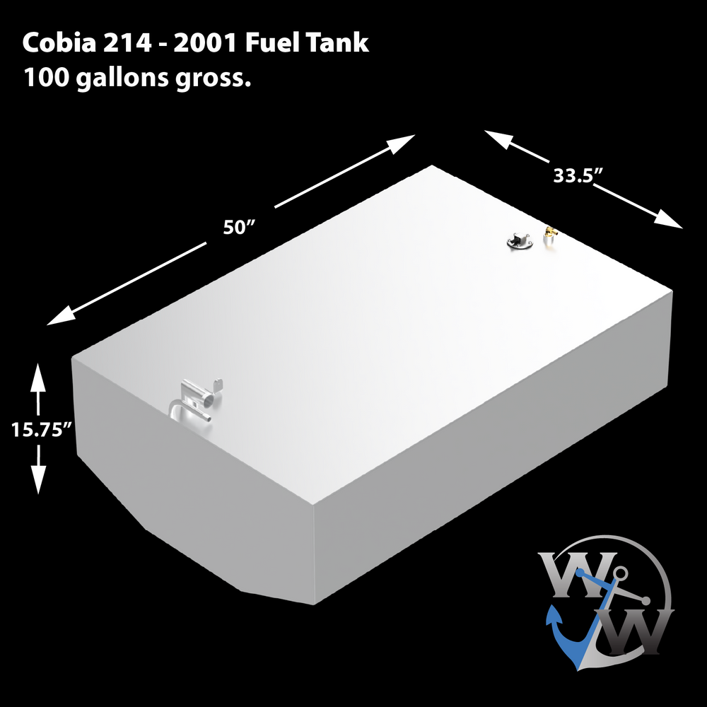 A light gray, rectangular fuel tank for a Cobia 214 - 2001, with a gross capacity of 100 gallons, is displayed against a black background. White arrows and text indicate its dimensions: 50 inches in length, 33.5 inches in width, and 15.75 inches in height. The top surface of the tank features a few fittings, including a silver-colored angled pipe and two smaller, brass-colored valves. The bottom edges of the tank are chamfered. A logo with a stylized "WW" and a blue anchor is visible in the bottom right