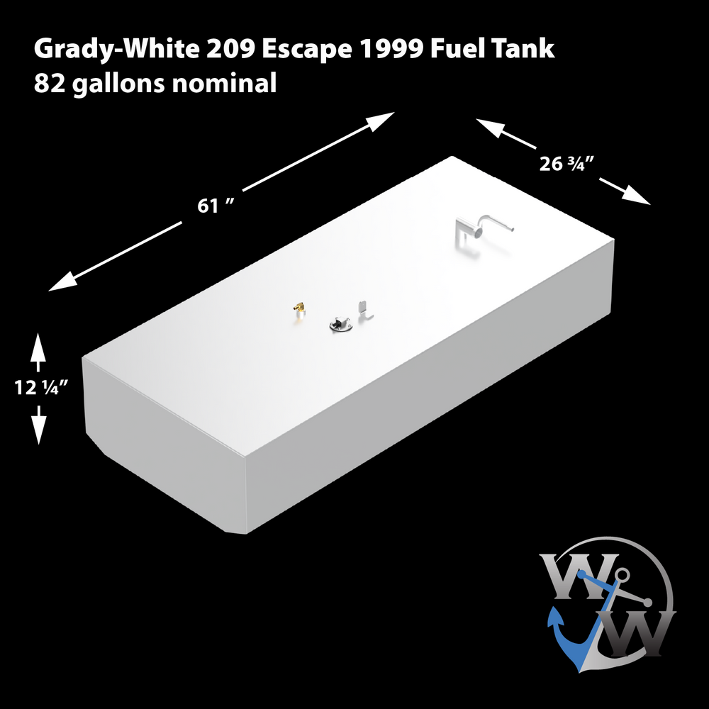 3D rendering of a Grady-White 209 Escape 1999 fuel tank with nominal capacity of 82 gallons. The tank is shown in a light gray color on a black background with its dimensions labeled: 61 inches length, 26 3/4 inches width, and 12 1/4 inches height. Visible fittings and mounting brackets are on the top surface. The Welding World (W W) logo is at the bottom right corner