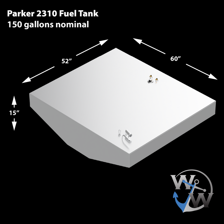 Parker 2310 150-gallon OEM replacement belly fuel tank, featuring a sleek black design with multiple fittings on the surface