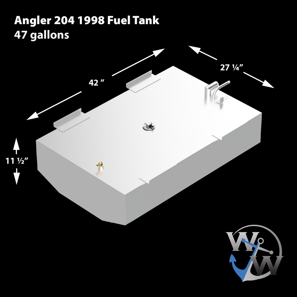 Diagram of a 1998 Angler 204 OEM replacement belly fuel tank with a capacity of 47 gallons. The tank measures 42 inches in length, 27 ¼ inches in width, and 11 ½ inches in height, featuring two mounting brackets and fuel fittings