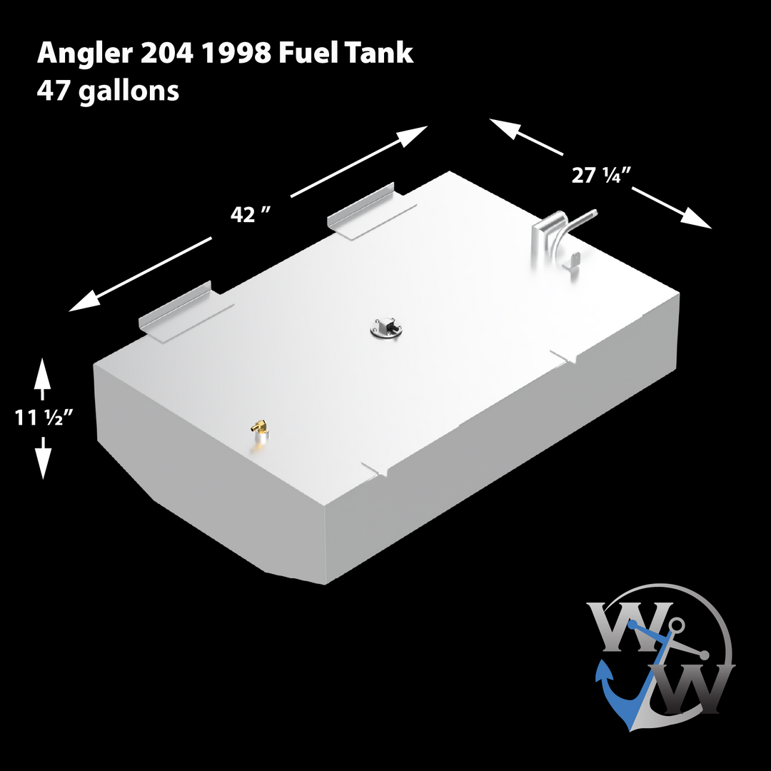 Diagram of a 1998 Angler 204 OEM replacement belly fuel tank with a capacity of 47 gallons. The tank measures 42 inches in length, 27 ¼ inches in width, and 11 ½ inches in height, featuring two mounting brackets and fuel fittings