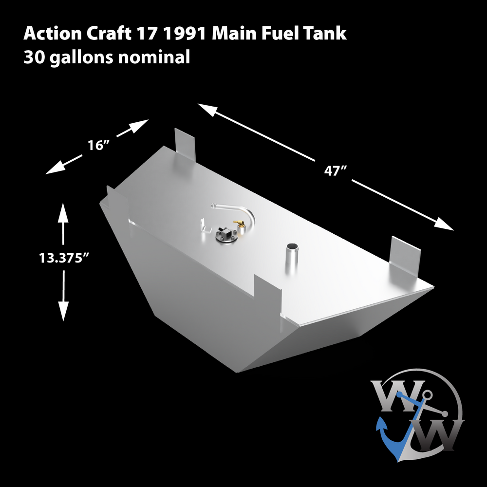 OEM replacement bow fuel tank for Action Craft 17' boat, model year 1991, with a capacity of 30 gallons. The tank features dimensions of 47 inches in length, 16 inches in width, and 13.375 inches in height, designed for optimal fit and performance