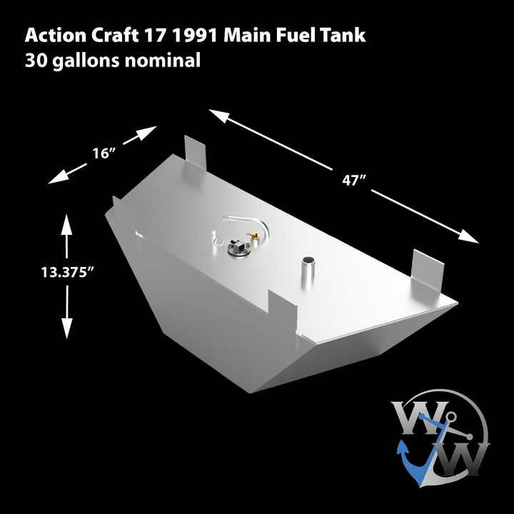OEM replacement bow fuel tank for Action Craft 17' boat, model year 1991, with a capacity of 30 gallons. The tank features dimensions of 47 inches in length, 16 inches in width, and 13.375 inches in height, designed for optimal fit and performance