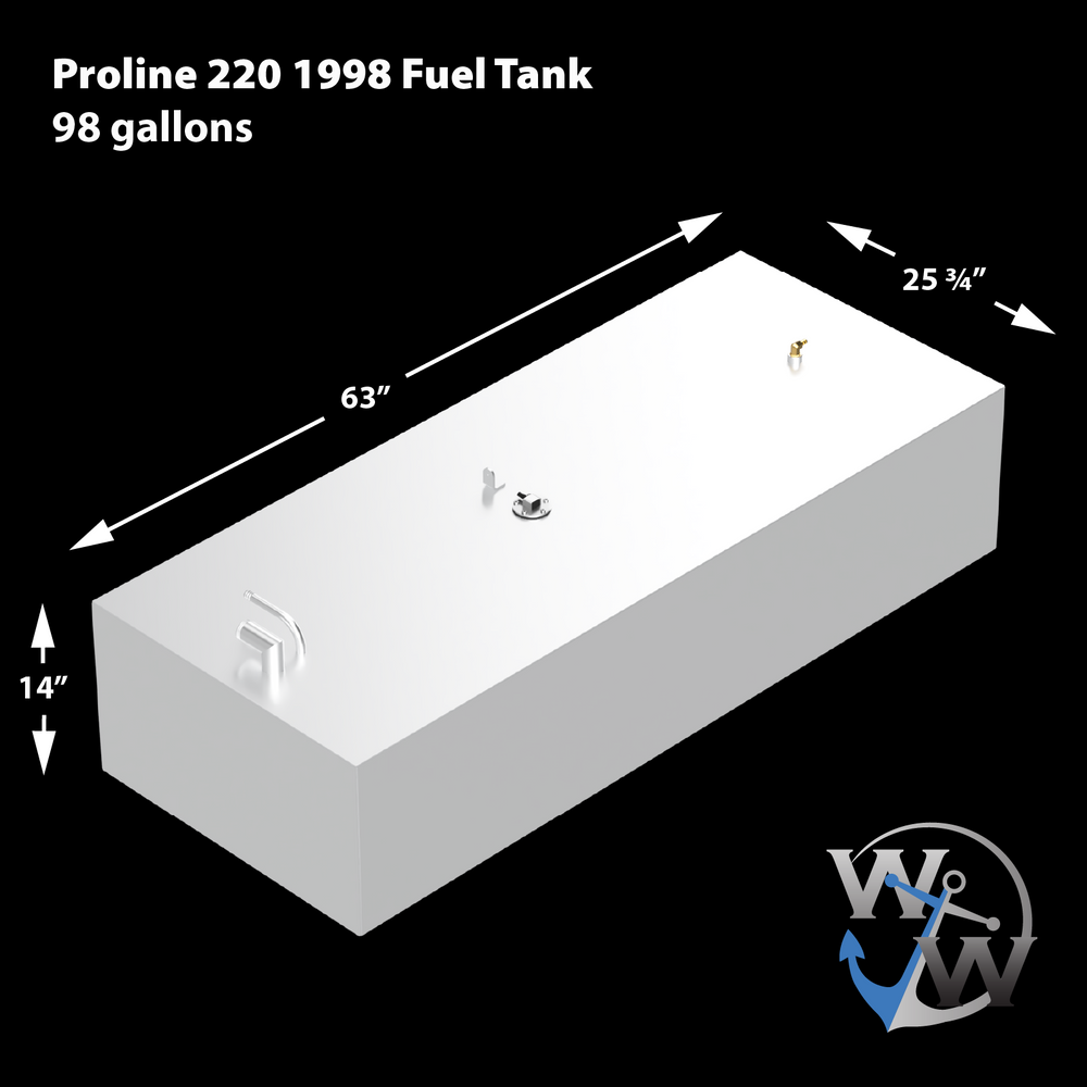 Diagram of a 1998 Proline 220 fuel tank, featuring a rectangular design with dimensions of 63 inches in length, 25.75 inches in width, and 14 inches in height. The tank has a capacity of 98 gallons and includes fittings on the top surface