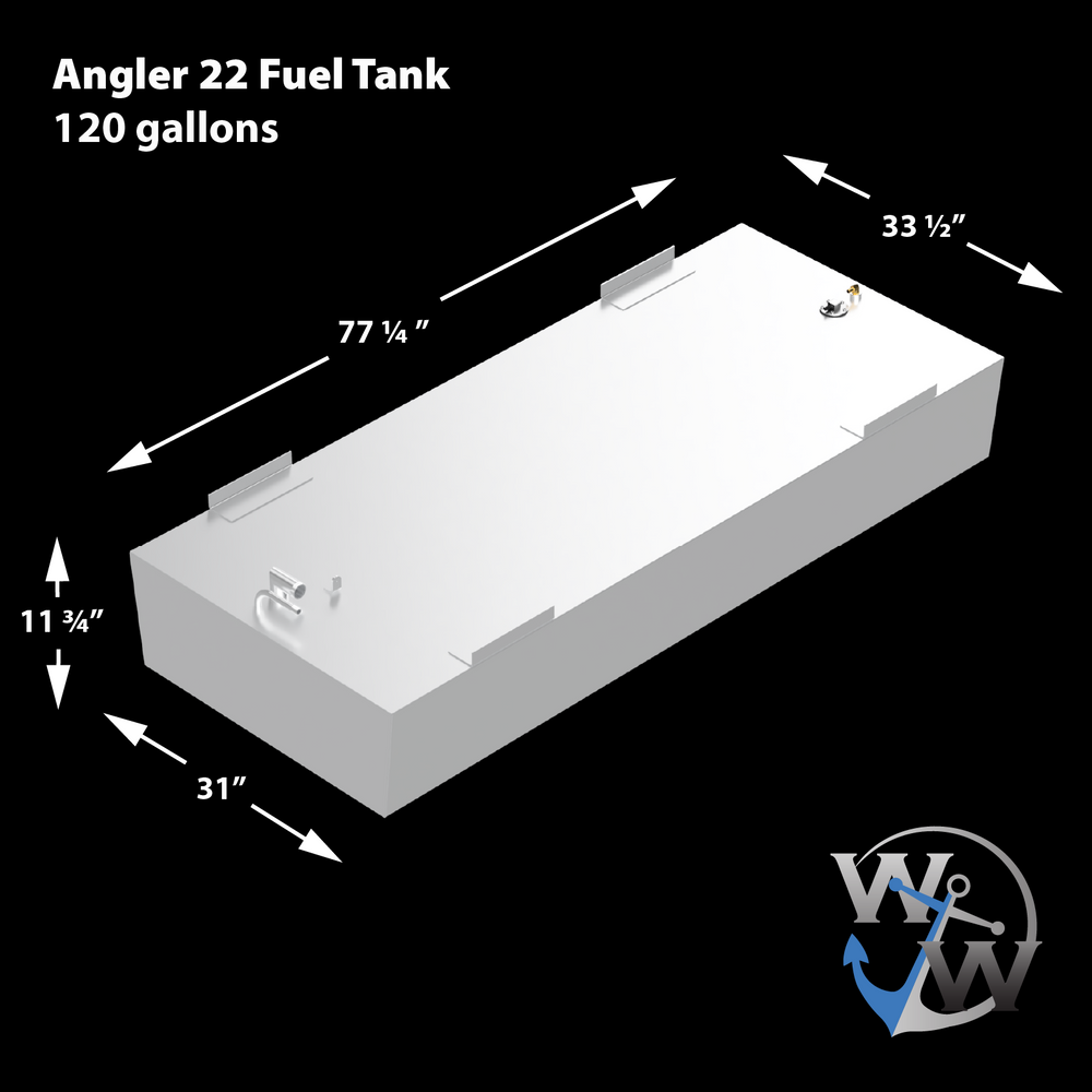 Diagram of the Angler 22' 120-gallon OEM replacement belly fuel tank, showing dimensions: 77 ¼” length, 33 ½” width, 31” height, and 11 ¾” depth, with fuel inlet and outlet fittings