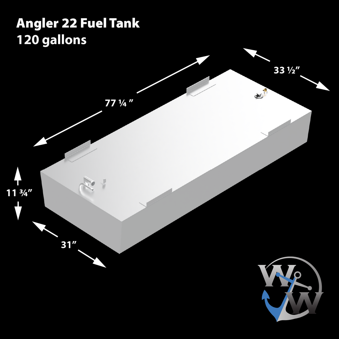 Diagram of the Angler 22' 120-gallon OEM replacement belly fuel tank, showing dimensions: 77 ¼” length, 33 ½” width, 31” height, and 11 ¾” depth, with fuel inlet and outlet fittings