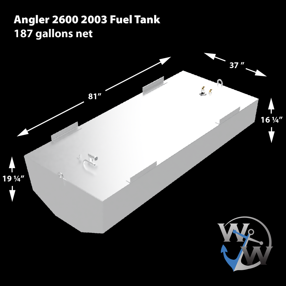 A 3D schematic of the replacement fuel tank for an Angler 2600 (2003 model), shown against a black background. Text on the image identifies it as a 187-gallon net capacity tank. Dimension lines detail its measurements as 81 inches long by 37 inches wide. The main body height is 16 ¼ inches, with the total height at the V-shaped front measuring 19 ¼ inches. The silver-colored schematic shows four mounting tabs, a V-shaped front bottom, and various fittings on top