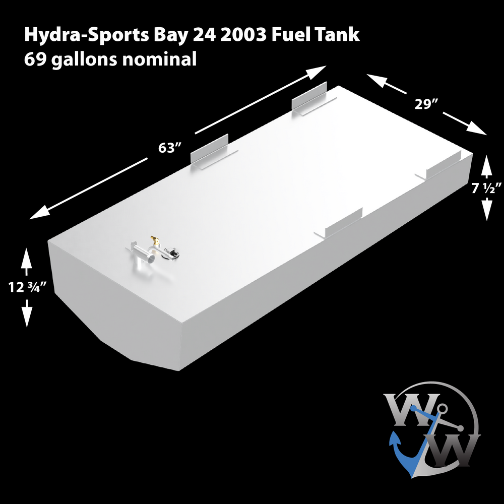 A 3D schematic of the replacement fuel tank for a 2003 Hydra-Sports Bay 24, shown against a black background. Text on the image indicates a 69-gallon nominal capacity. Dimension lines show the tank is 63 inches long and 29 inches wide, with the rounded front section being 12 ¾ inches high and the rear rectangular section being 7 ½ inches high. The silver-colored schematic features four mounting tabs and a fuel valve assembly. The 'WW' anchor logo for Welding World is in the bottom right