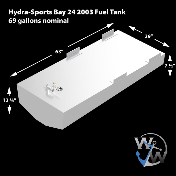 A 3D schematic of the replacement fuel tank for a 2003 Hydra-Sports Bay 24, shown against a black background. Text on the image indicates a 69-gallon nominal capacity. Dimension lines show the tank is 63 inches long and 29 inches wide, with the rounded front section being 12 ¾ inches high and the rear rectangular section being 7 ½ inches high. The silver-colored schematic features four mounting tabs and a fuel valve assembly. The 'WW' anchor logo for Welding World is in the bottom right