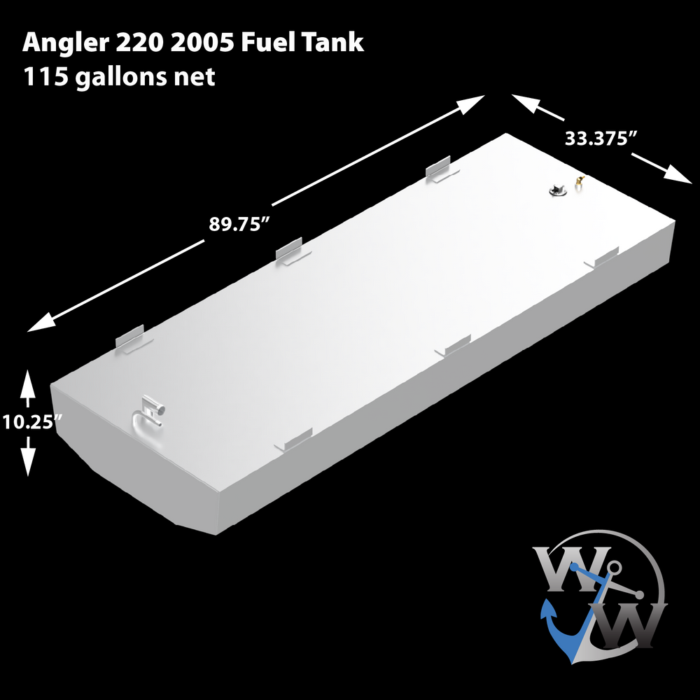 A silver-colored, rectangular Angler 220 2005 Fuel Tank with a capacity of 115 gallons net. The tank measures 89.75" in length, 33.375" in width, and 10.25" in height. It features several mounting brackets along its long edges, a circular opening with a black center, and two small golden posts on its top surface