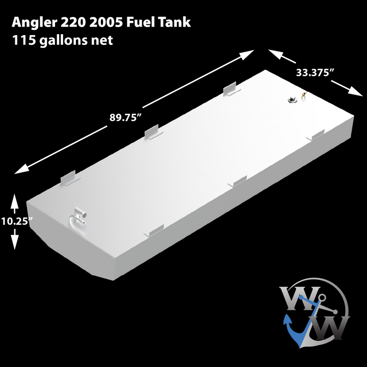 A silver-colored, rectangular Angler 220 2005 Fuel Tank with a capacity of 115 gallons net. The tank measures 89.75" in length, 33.375" in width, and 10.25" in height. It features several mounting brackets along its long edges, a circular opening with a black center, and two small golden posts on its top surface