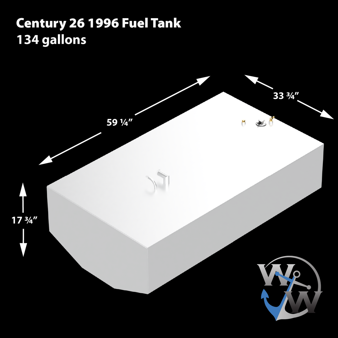 A 3D model of a large rectangular boat fuel tank with slightly angled edges on one end. The tank is white with three metal fittings and connectors on the top surface, near one corner. The dimensions are marked with white arrows and text: 59 ¼ inches in length, 33 ¾ inches in width, and 17 ¾ inches in height. The bottom right corner features a logo with the letters “WW” and an anchor. The background is black, highlighting the tank. The tank has a capacity of 134 gallons