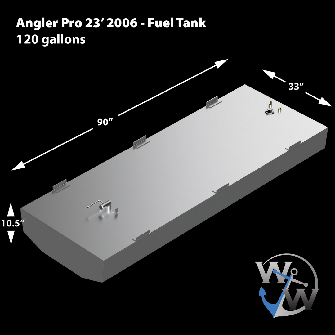 A silver rectangular fuel tank with a rounded front edge, and dimensions of 90 inches by 33 inches by 10.5 inches, with a 120-gallon capacity. It is designed for an Angler Pro 23' 2006