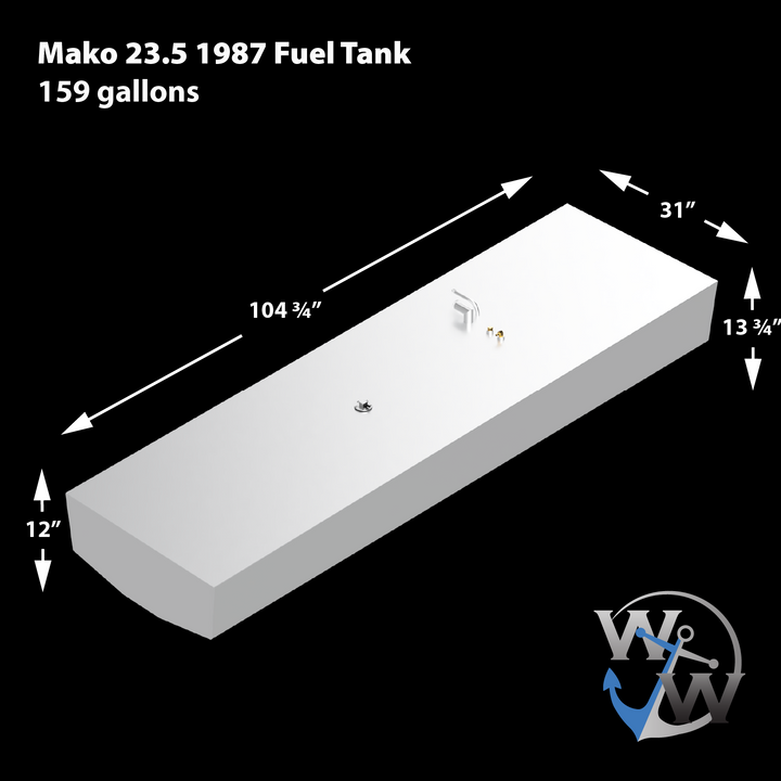 Mako 23.5 OEM replacement belly fuel tank, 160 gallons capacity, dimensions 104.75 inches long, 31 inches wide, and 12 inches high, featuring a top view with fuel fittings and a clean white surface
