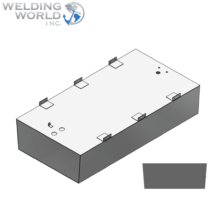 Diagram of the Angler 230 VBX belly fuel tank, featuring dimensions of 62 inches in length, 33 inches in width, and 13 inches in height. The tank has a material thickness of 0.125 inches and a capacity of 115 gallons, with a front view illustration showing the tank's design