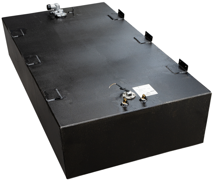 Angler 230 VBX OEM replacement belly fuel tank with a capacity of 115 gallons, featuring a black metal exterior and multiple attachment points