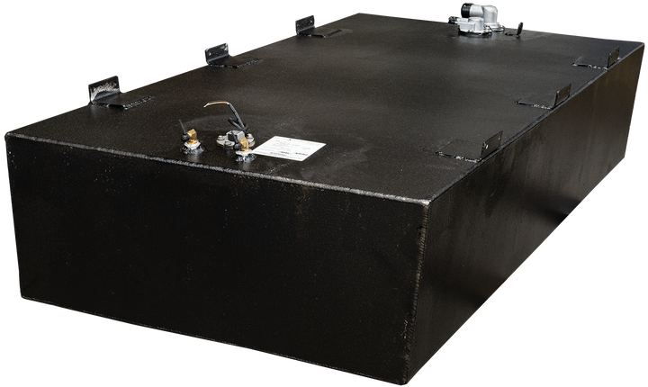 Angler 230 VBX OEM replacement belly fuel tank with a capacity of 115 gallons, featuring a black metal exterior and various fittings on top