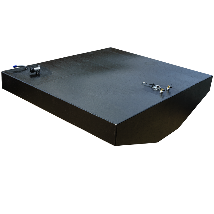 Contender 31' OEM Replacement Fuel Tank Combo Kit featuring one small belly tank with a capacity of 75 gallons and two standard saddle tanks, designed for marine use. The tank is shown in a sleek black finish with fittings and connections visible