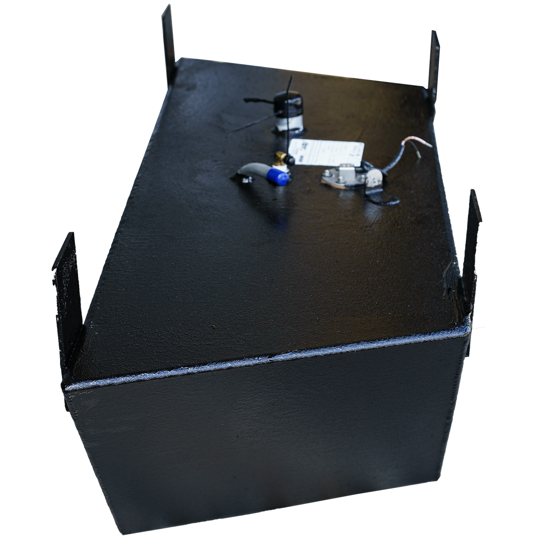 OEM replacement bow fuel tank for a 1991 Action Craft 17' boat, 30-gallon capacity, featuring a black exterior and various fittings on top