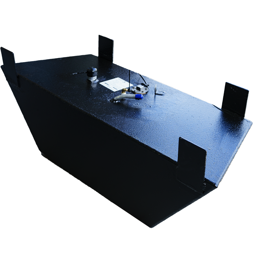 OEM replacement bow fuel tank for a 1991 Action Craft 17' boat, featuring a 30-gallon capacity, black metal construction, and mounting brackets