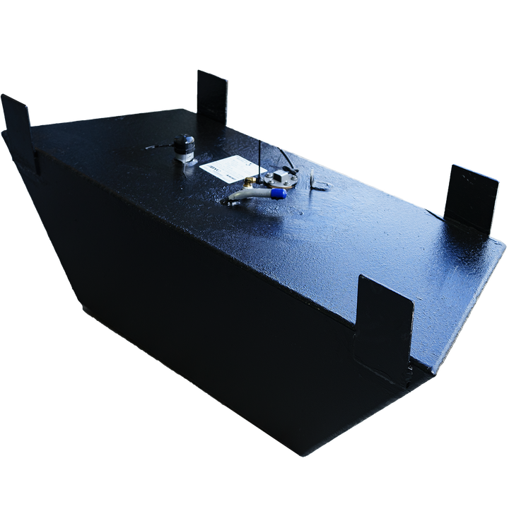OEM replacement bow fuel tank for a 1991 Action Craft 17' boat, featuring a 30-gallon capacity, black metal construction, and mounting brackets