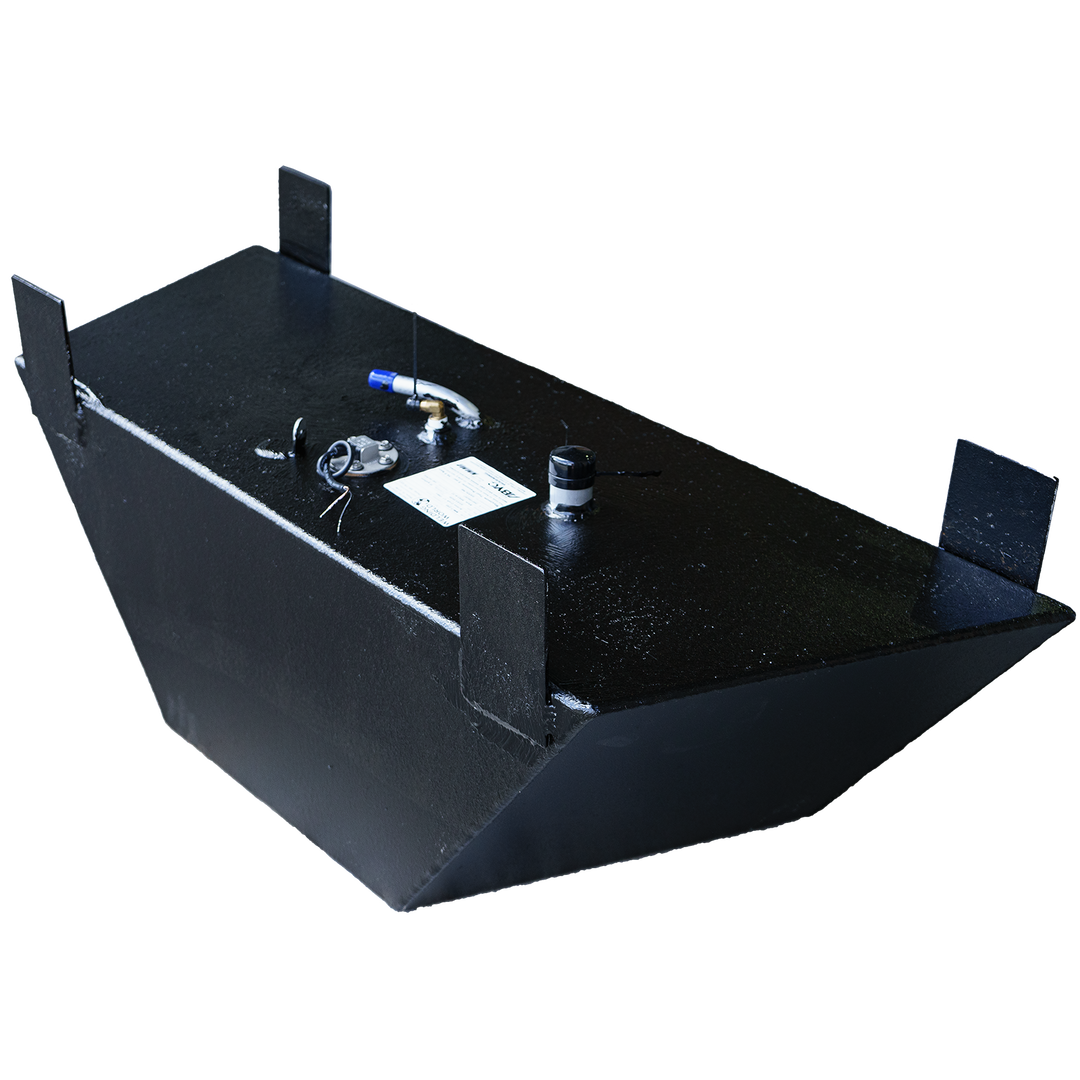 OEM replacement bow fuel tank for a 1991 Action Craft 17' boat, featuring a 30-gallon capacity, black finish, and multiple fittings