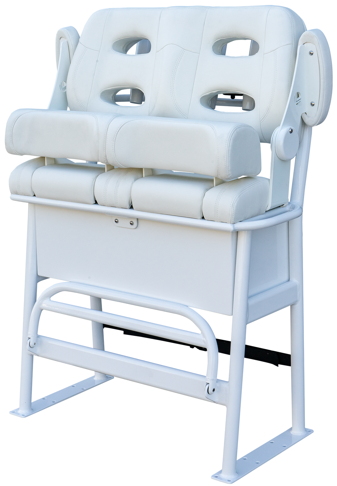 A white, two-seat fixed-frame chair with padded armrests and back support, designed for comfort and stability. The chair features a sturdy metal base and is upholstered in white material, giving it a clean and modern appearance