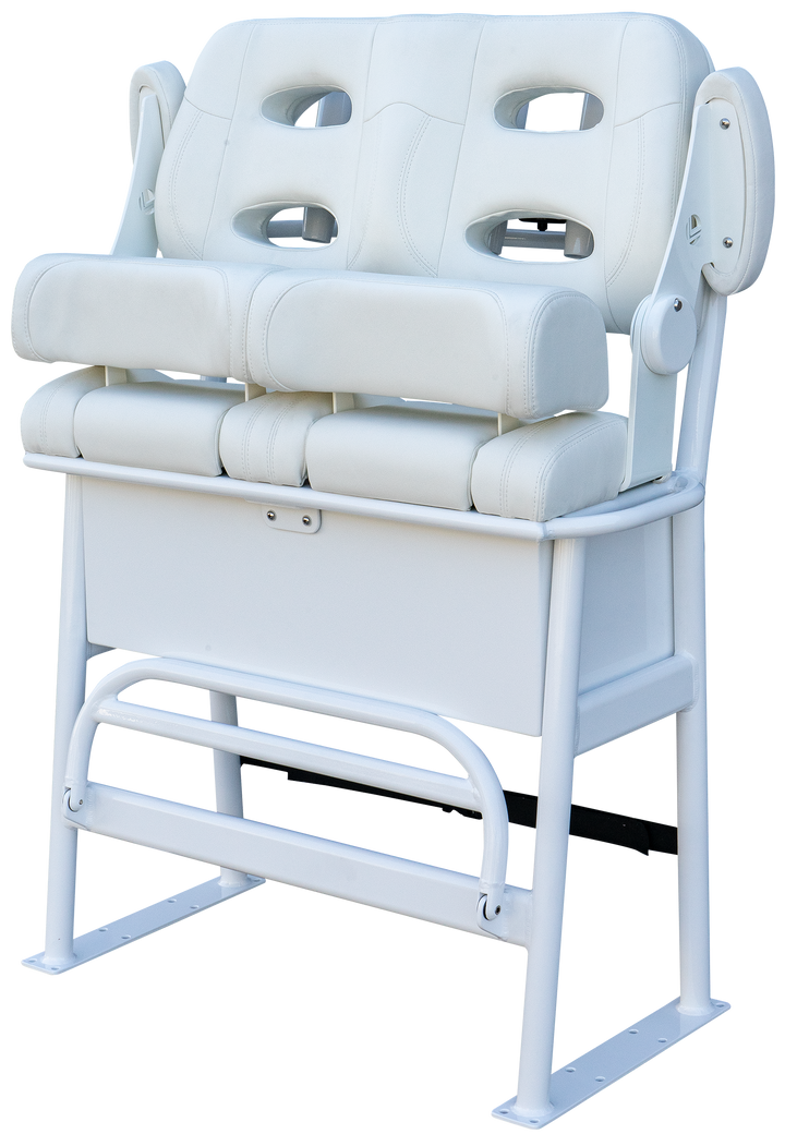 A white, two-seat fixed-frame chair with padded armrests and back support, designed for comfort and stability. The chair features a sturdy metal base and is upholstered in white material, giving it a clean and modern appearance