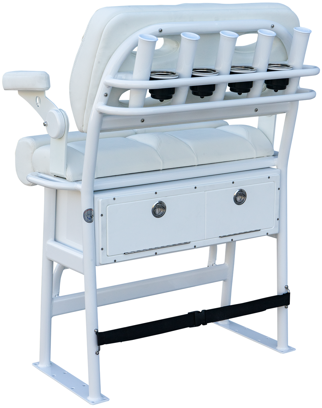 A white fishing boat seat with a sturdy metal frame, featuring four rod holders on the backrest and a storage compartment below. The seat is designed for comfort and functionality, ideal for long fishing trips
