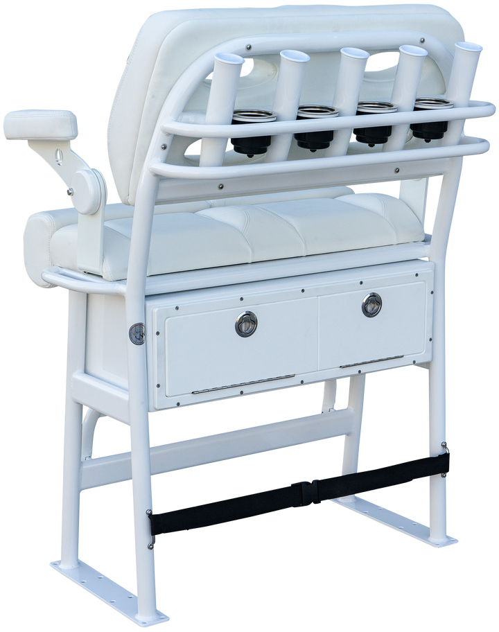 A white fishing boat seat with a sturdy metal frame, featuring four rod holders on the backrest and a storage compartment below. The seat is designed for comfort and functionality, ideal for long fishing trips