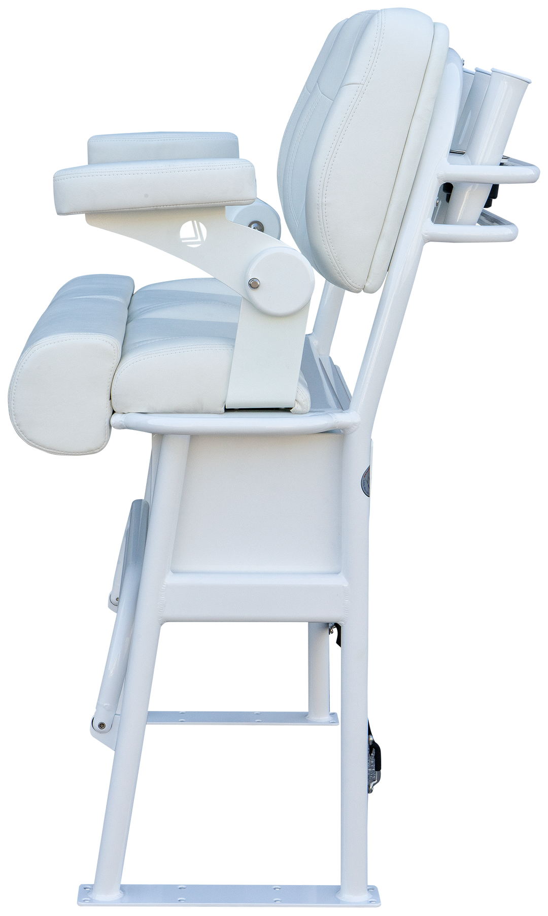 A side view of the 38" Super Stinger Long Haul Fixie Mk. II chair in white on white. The chair features a sleek design with padded seating and armrests, mounted on a sturdy white frame. The image has a transparent background, highlighting the chair's contours and structure