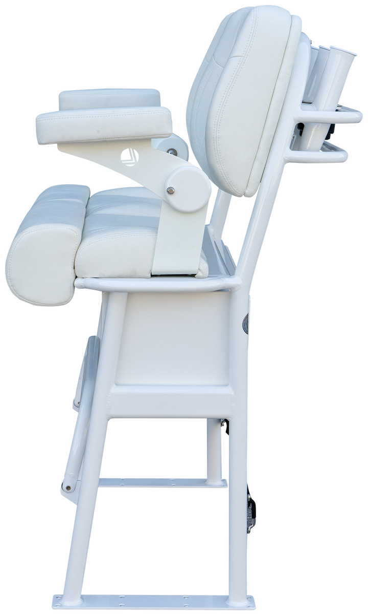 A side view of the 38" Super Stinger Long Haul Fixie Mk. II chair in white on white. The chair features a sleek design with padded seating and armrests, mounted on a sturdy white frame. The image has a transparent background, highlighting the chair's contours and structure