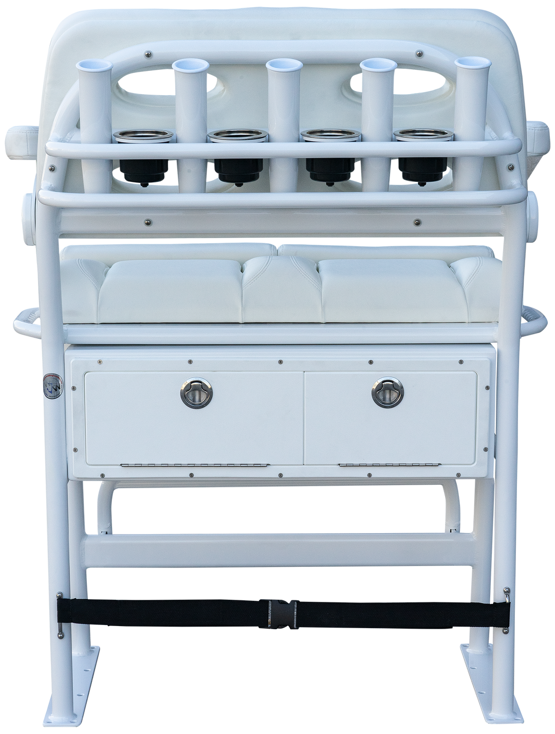 A white fishing rod holder with a padded seat, featuring five rod holders on the back, two drawers at the front, and a sturdy base for stability. The entire structure is designed for durability and functionality in fishing activities