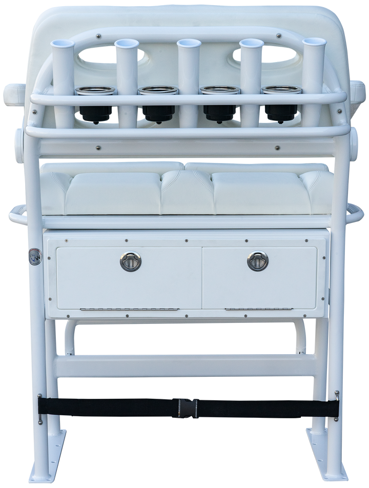 A white fishing rod holder with a padded seat, featuring five rod holders on the back, two drawers at the front, and a sturdy base for stability. The entire structure is designed for durability and functionality in fishing activities