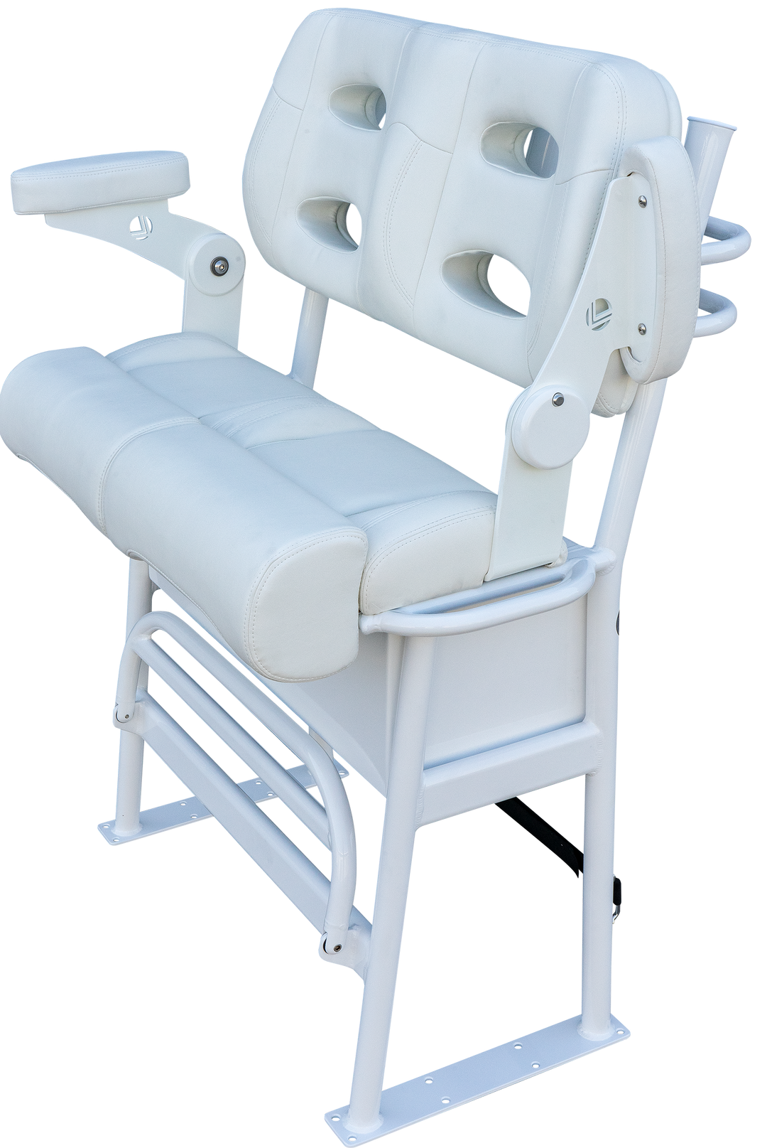 A white fishing rod holder with a padded seat, featuring five rod holders on the back, two drawers at the front, and a sturdy base for stability. The entire structure is designed for durability and functionality in fishing activities