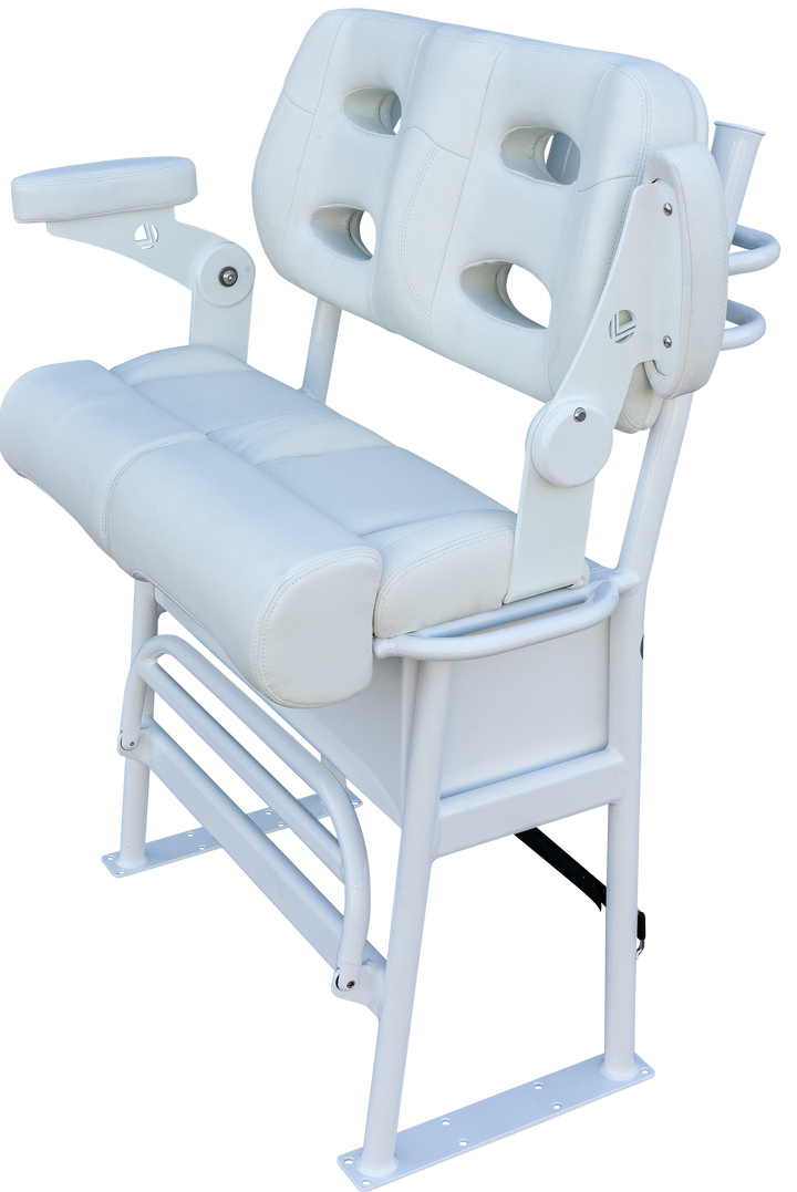 A white fishing rod holder with a padded seat, featuring five rod holders on the back, two drawers at the front, and a sturdy base for stability. The entire structure is designed for durability and functionality in fishing activities