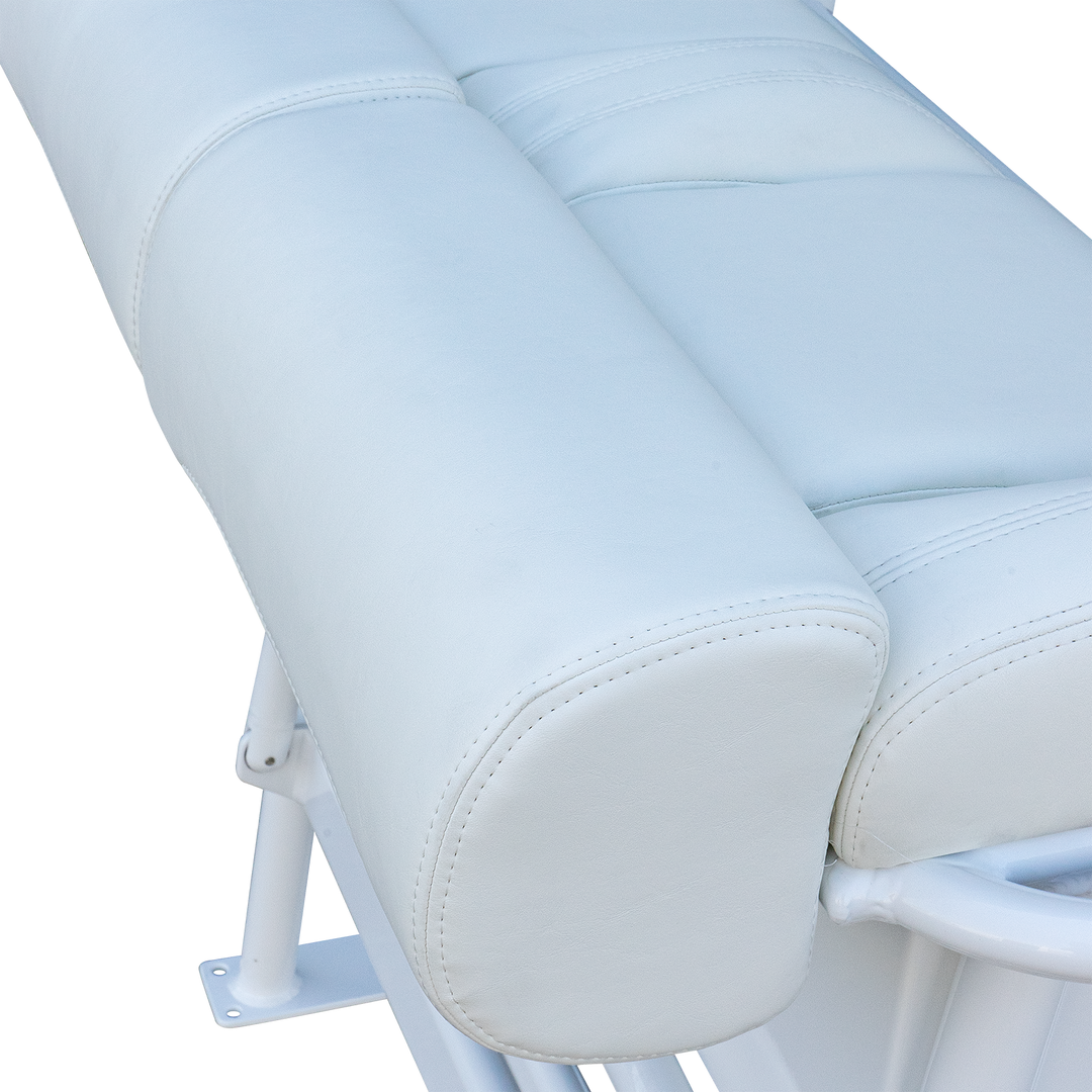 Close-up view of the 38" Super Stinger Long Haul Fixie Mk. II in white, showcasing its sleek white upholstery and padded armrest, designed for comfort and style