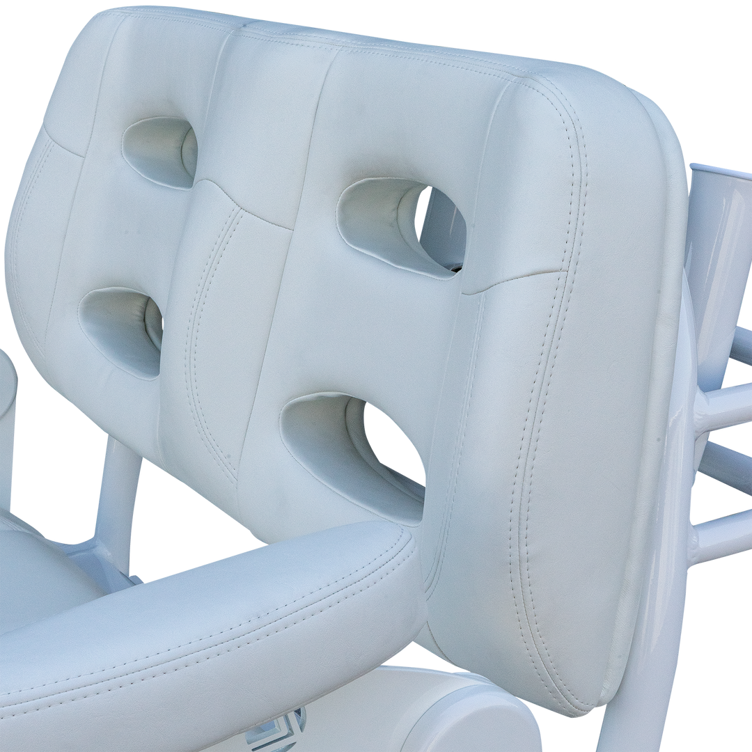 Close-up view of the white padded backrest of the 38" Super Stinger Long Haul Fixie Mk. II, featuring two cut-out holes for ventilation and a sleek, modern design