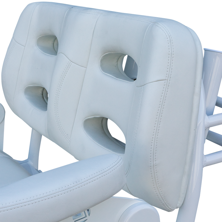 Close-up view of the white padded backrest of the 38" Super Stinger Long Haul Fixie Mk. II, featuring two cut-out holes for ventilation and a sleek, modern design