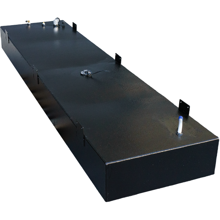 OEM replacement fuel tank for a 1978 SeaCraft 20-foot boat, featuring a sleek black design with multiple mounting brackets and fuel fitting