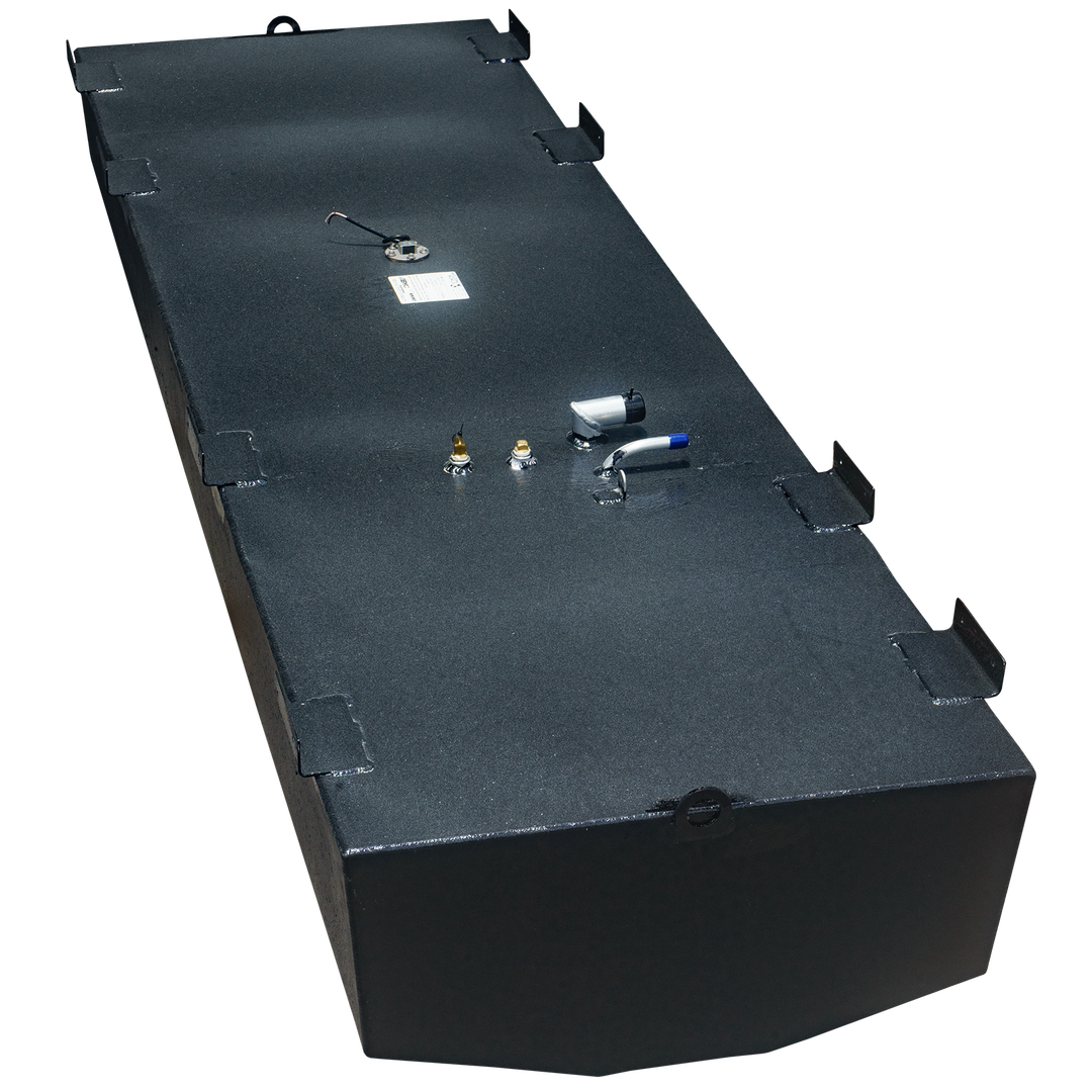 OEM replacement belly fuel tank for Mako 23.5, featuring a sleek black design with a fuel gauge, vent, and fill cap on top