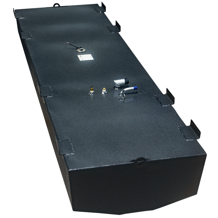 OEM replacement belly fuel tank for Mako 23.5, featuring a sleek black design with a fuel gauge, vent, and fill cap on top