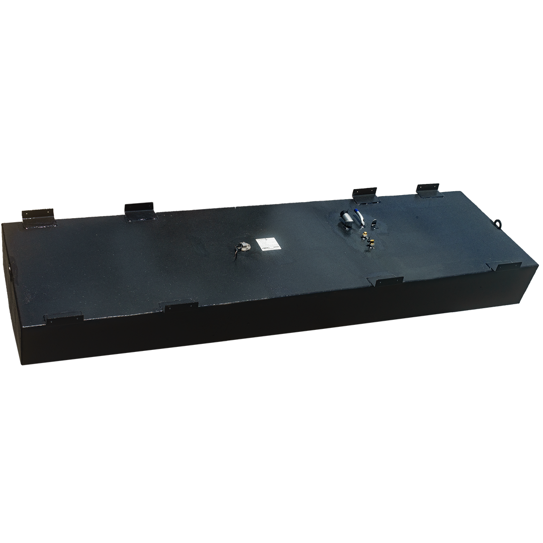 OEM replacement belly fuel tank for Mako 23.5, featuring a 160-gallon capacity, with multiple fittings and a sleek black finish