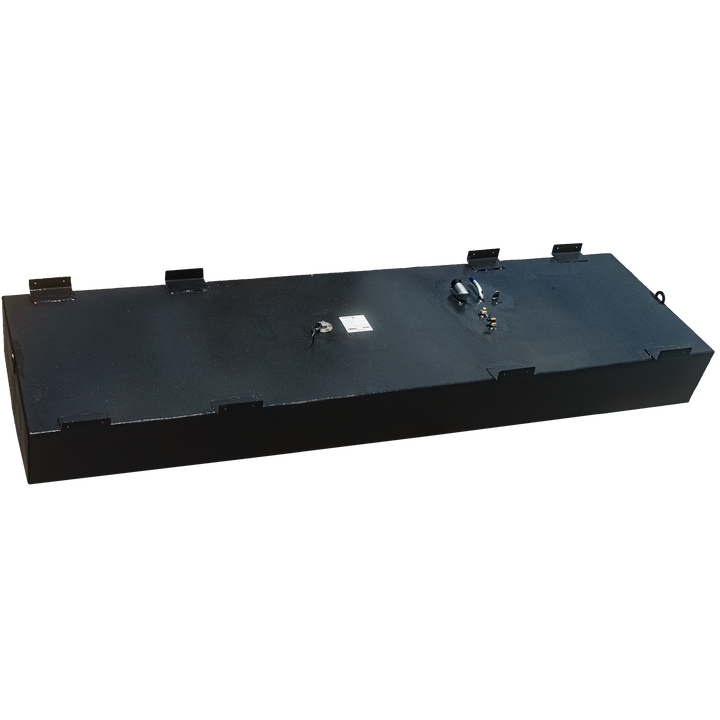 OEM replacement belly fuel tank for Mako 23.5, featuring a 160-gallon capacity, with multiple fittings and a sleek black finish