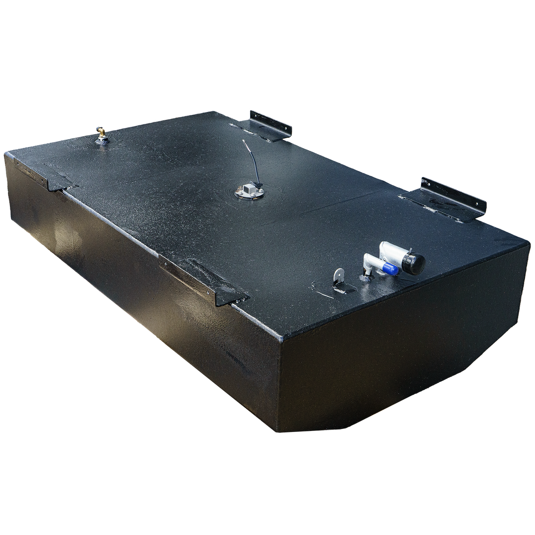 OEM replacement belly fuel tank for a 2001 Century Boats 254, featuring a sleek black design with a fuel fill cap, vent, and fittings on the side