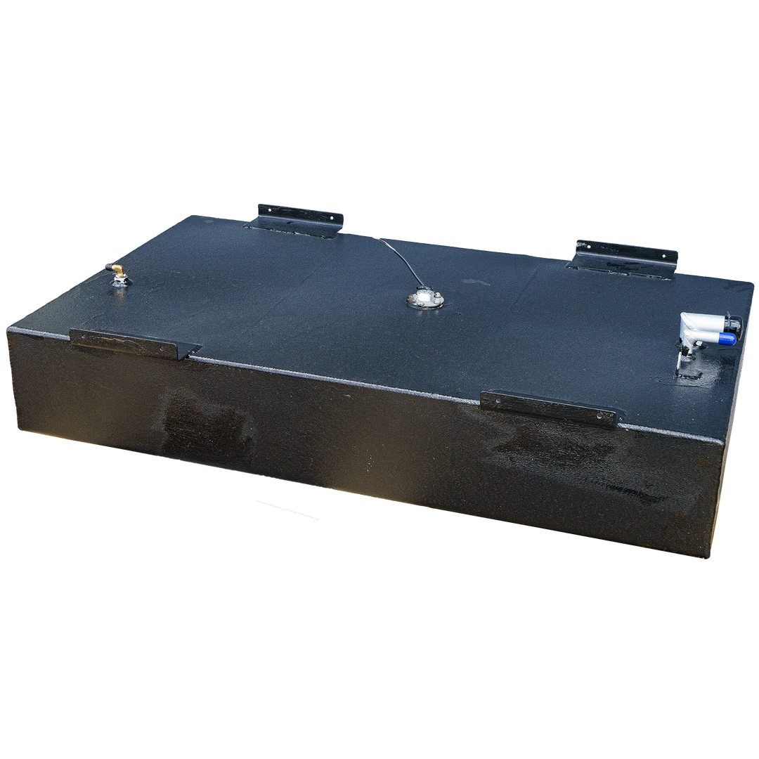 OEM replacement belly fuel tank for a 2001 Century Boats 254, featuring a sleek black design and equipped with two fittings for fuel connections